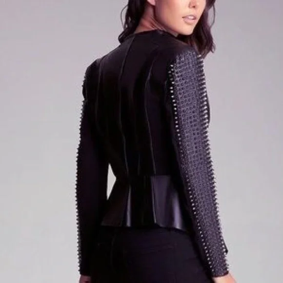 🌟 BEBE Black Genuine Leather Spiked Sleeves Peplum Moto Biker Jacket - Picture 4 of 16